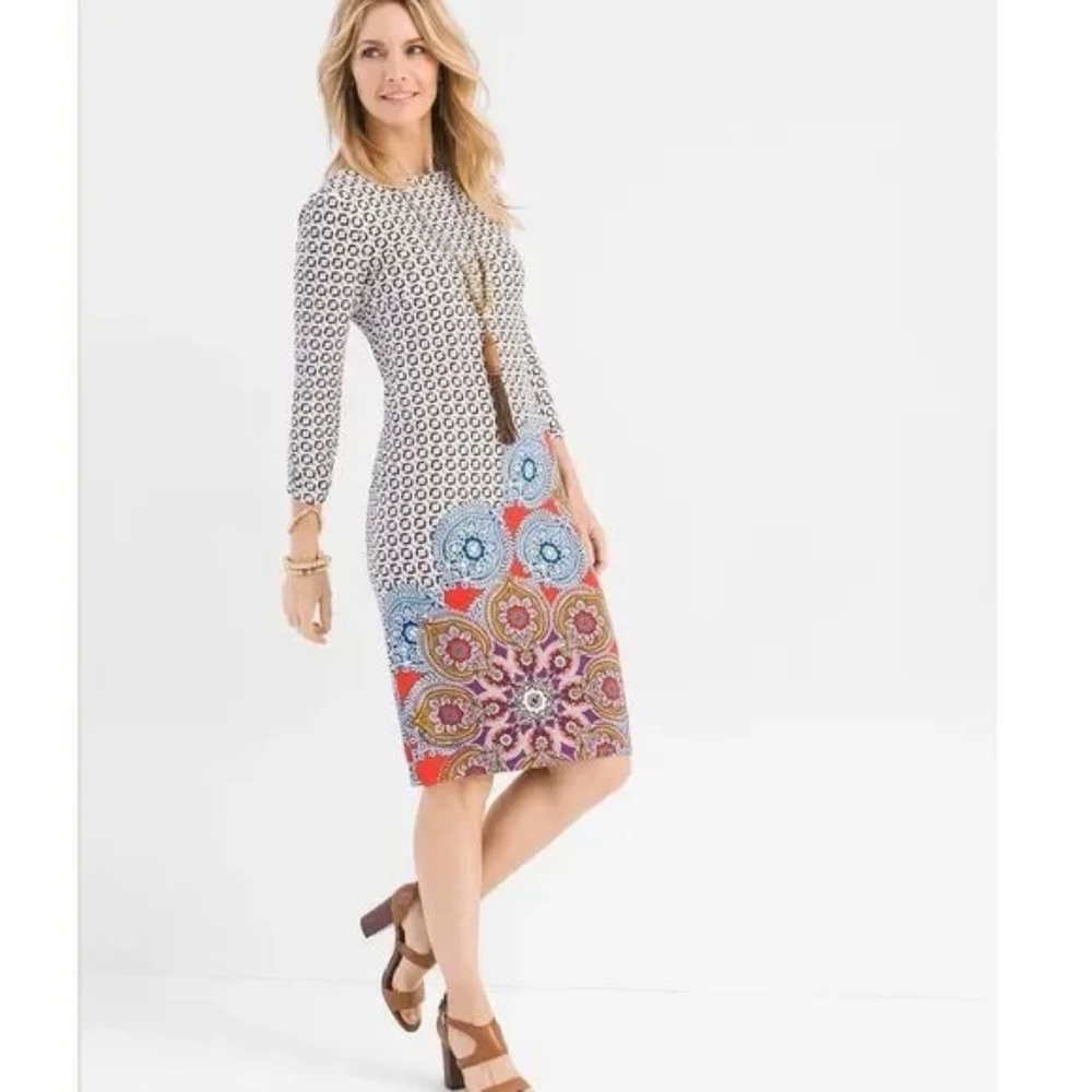 CHICO'S Sz 3 Sheath Dress PRINTED RUCHED Sleeve Womens Size 16/18